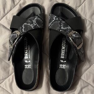 Birkenstock Women's Black & Silver Snake-Print Buckle Sandals